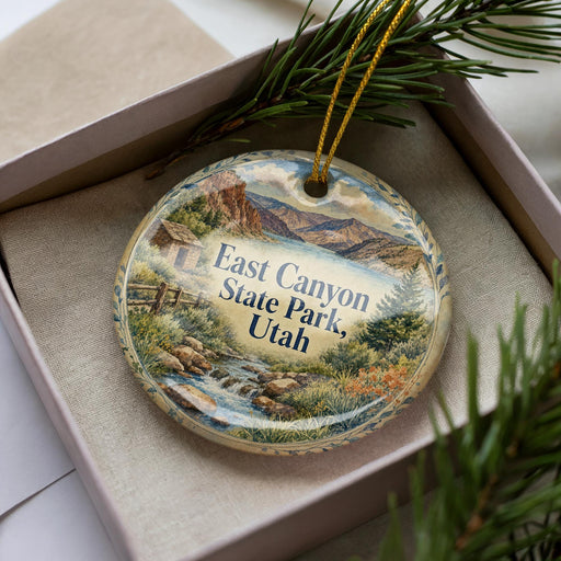 A decorative ornament with a scenic landscape of East Canyon State Park, Utah, featuring a river, mountains, and pine trees.