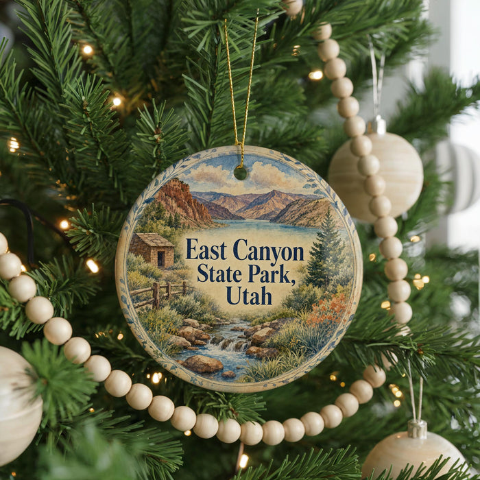 A round ornament on a Christmas tree, featuring a scenic image of East Canyon State Park, Utah.