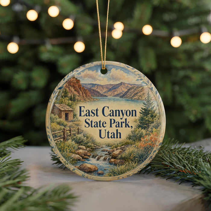 A round ornament with a scenic landscape of East Canyon State Park, Utah, featuring a mountain, river, and pine trees.