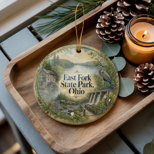 A decorative ornament featuring a scenic landscape with a lake, houses, and pine trees, along with a bird, is displayed on a wooden tray.