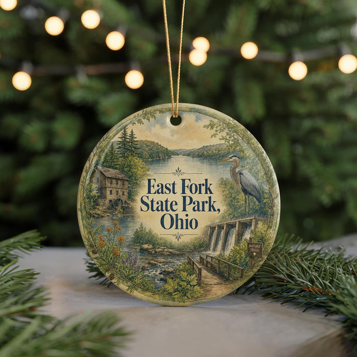 A round ornament with a scenic landscape featuring a lake, a house, and a bird, hanging from a string.