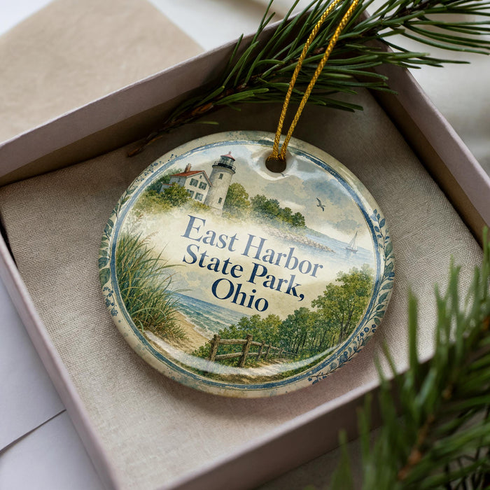 A decorative ornament with a lighthouse and a scenic landscape, featuring the text "East Harbor State Park, Ohio" on it.