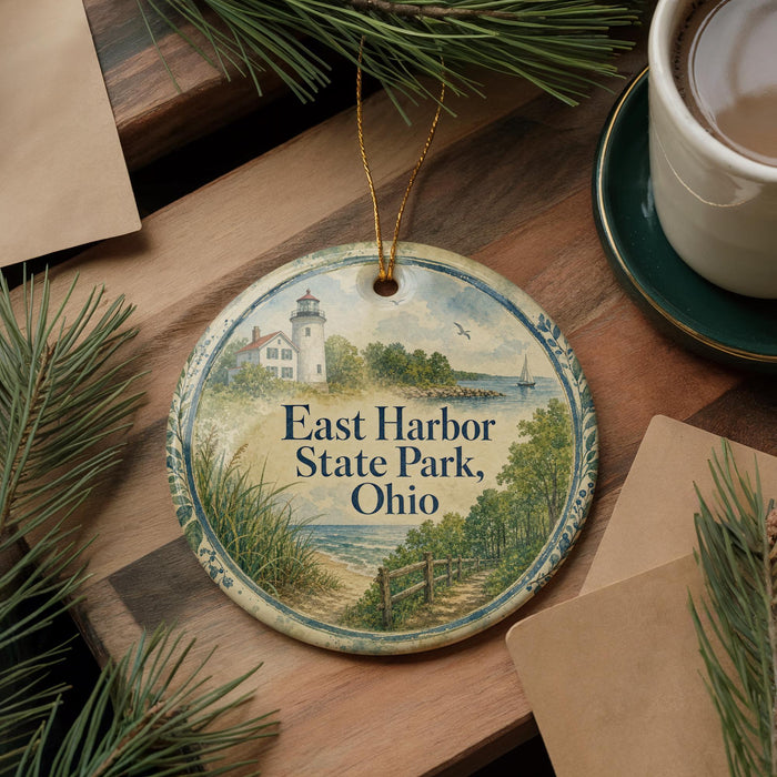 A decorative ornament featuring a lighthouse and a scenic landscape, with the text "East Harbor State Park, Ohio" printed on it. The ornament is placed on a wooden surface, surrounded by pine branches and a cup of coffee.