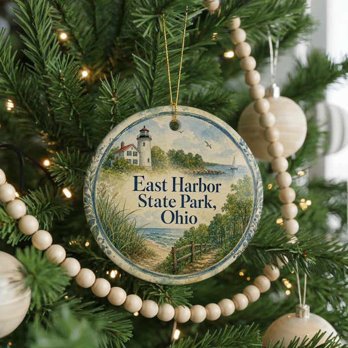 A round ornament on a Christmas tree, featuring a lighthouse and a coastal scene, with the text "East Harbor State Park, Ohio" displayed on it.