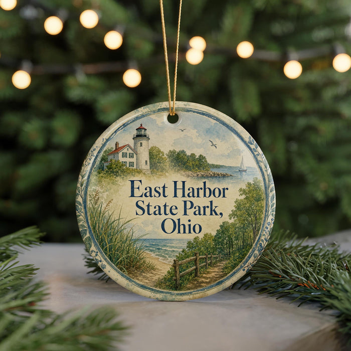 A round ornament with a lighthouse and a scenic landscape, featuring the text "East Harbor State Park, Ohio" on it, is displayed on a table with pine branches in the background.