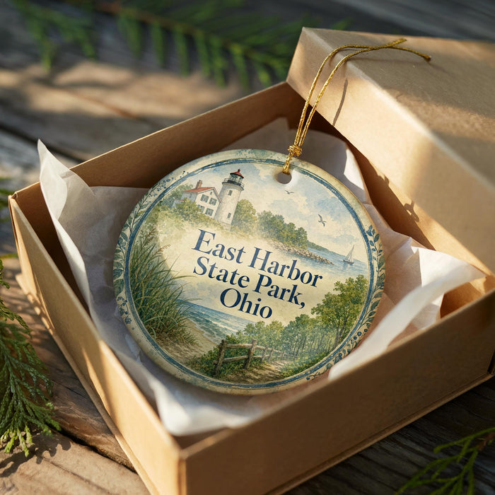 A decorative ornament in a box, featuring a lighthouse and a scenic landscape, with the text "East Harbor State Park, Ohio" printed on it.