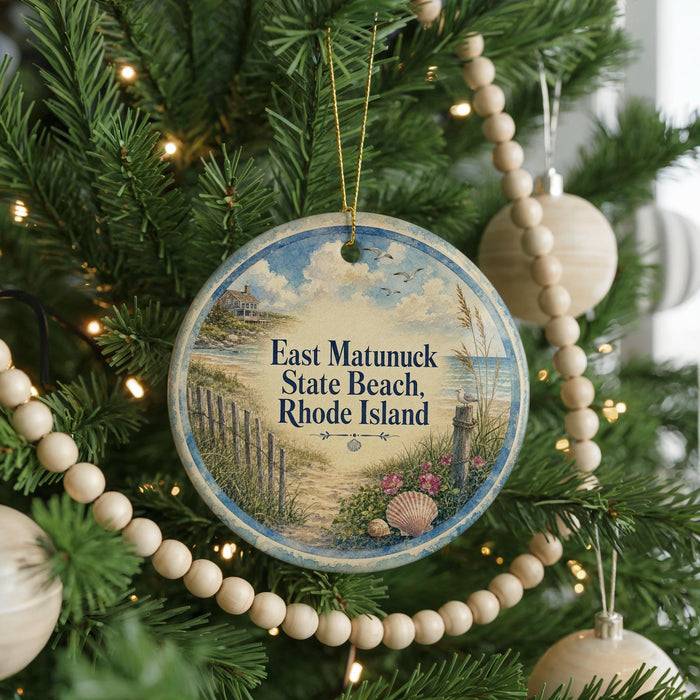 A round ornament hanging on a Christmas tree, featuring a beach scene with a path leading to a house.