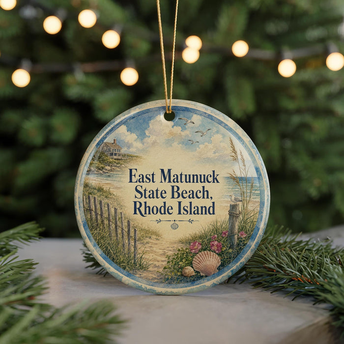 A round ornament with a beach scene and text, hanging on a string.