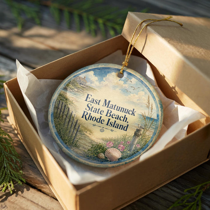 A decorative ornament in a wooden box, featuring a beach scene with a lighthouse and birds, along with the text "East Matunuck State Beach, Rhode Island".