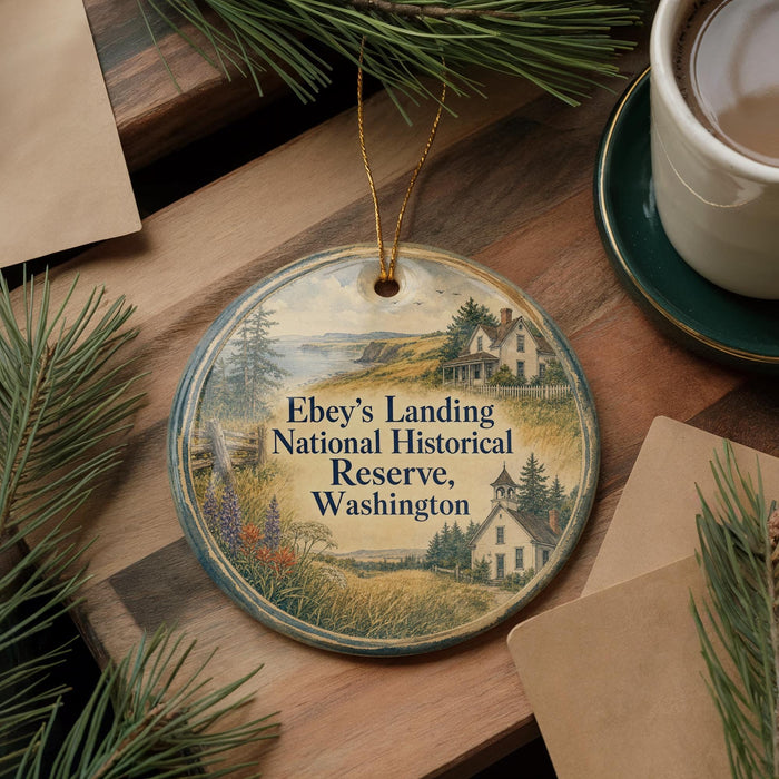A decorative ornament with a scenic landscape and text, hanging on a wooden surface.