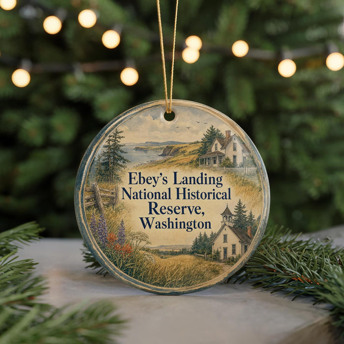 A circular ornament with a scenic landscape and text, hanging on a string.