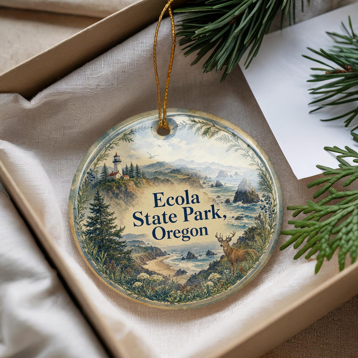 A decorative ornament with a scenic landscape of Ecola State Park, Oregon, featuring a lighthouse, pine trees, and a deer.