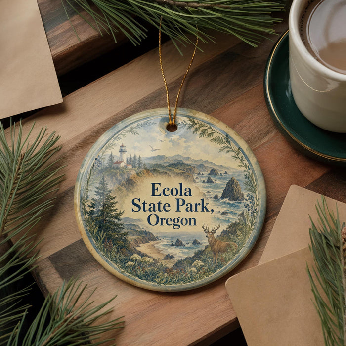 A decorative ornament with a lighthouse and a scenic landscape, featuring the text "Ecoala State Park, Oregon" on it, is displayed on a wooden surface alongside a cup of coffee and some pine branches.