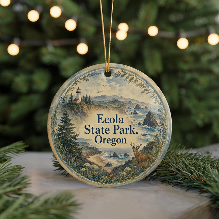 A round ornament with a scenic landscape of Oregon, featuring a lighthouse, mountains, and a deer, is displayed in front of a blurred background with Christmas lights.