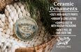 Ceramic ornaments, featuring a scenic landscape of Ecola State Park, Oregon, are displayed in a woven basket. The text highlights the ornaments as "Cozy, High-quality Prints" and "Vibrant & Long Lasting", with a description of their shipping speed and eco-friendly packaging. The image also includes a logo for "Flying Pig - SIGN COMPANY".