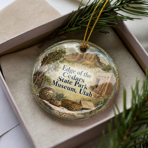A decorative ornament in a box, featuring a landscape with mountains and buildings, with the text "Edge of the Cedars State Park Museum, Utah" displayed on it.