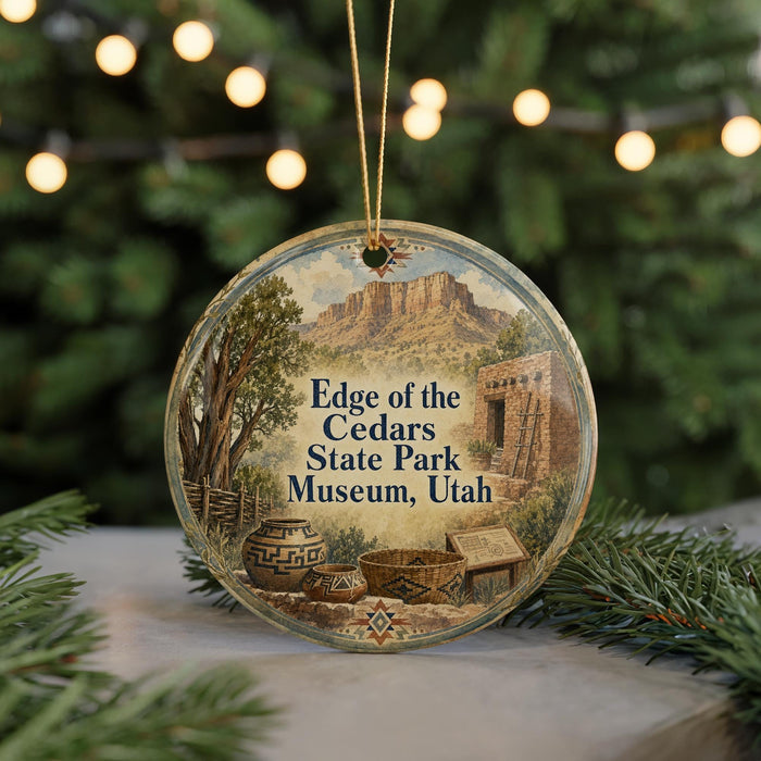 A circular ornament with a scenic image of the Edge of the Cedars State Park Museum in Utah, surrounded by Christmas lights and greenery.