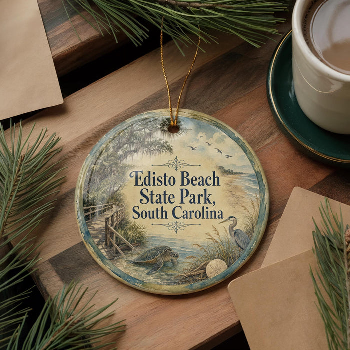 A decorative ornament with the text "Edisto Beach State Park, South Carolina" is displayed on a wooden surface, surrounded by pine branches and a cup of coffee.