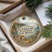 A decorative ornament with a scenic landscape of El Vado Lake, State Park, New Mexico, featuring mountains, water, and greenery.