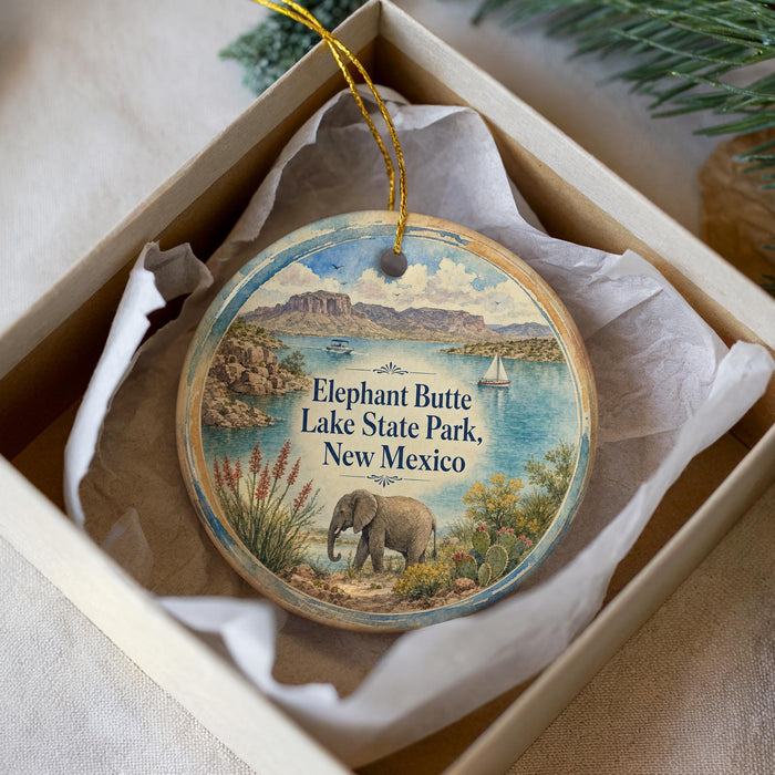 A decorative ornament in a white box, featuring an illustration of an elephant, a lake, and mountains, with the text "Elephant Butte Lake State Park, New Mexico" on it.