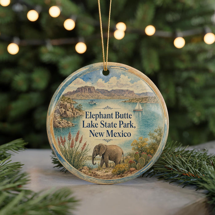 A circular ornament featuring an illustration of Elephant Butte Lake State Park in New Mexico, with a small elephant standing in the foreground and a scenic landscape in the background.
