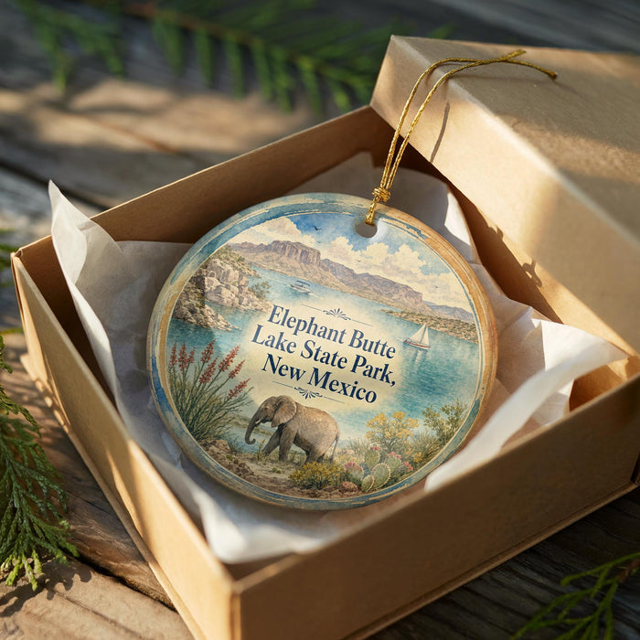 An ornamental ornament in a brown box, featuring an illustration of an elephant and a scenic landscape, with the text "Elephant Butte Lake State Park, New Mexico" printed on it.