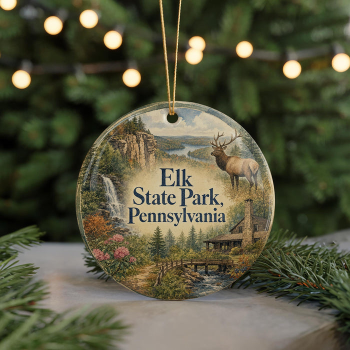 A round ornament featuring a scenic landscape with a waterfall, a deer, and a bridge, with the text "Elk State Park, Pennsylvania" displayed prominently.