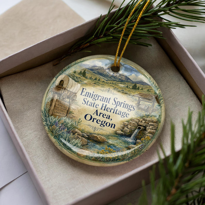 A decorative ornament with a landscape scene depicting a river, mountains, and a wagon, along with the text "Emigrant Springs State Heritage Area, Oregon".