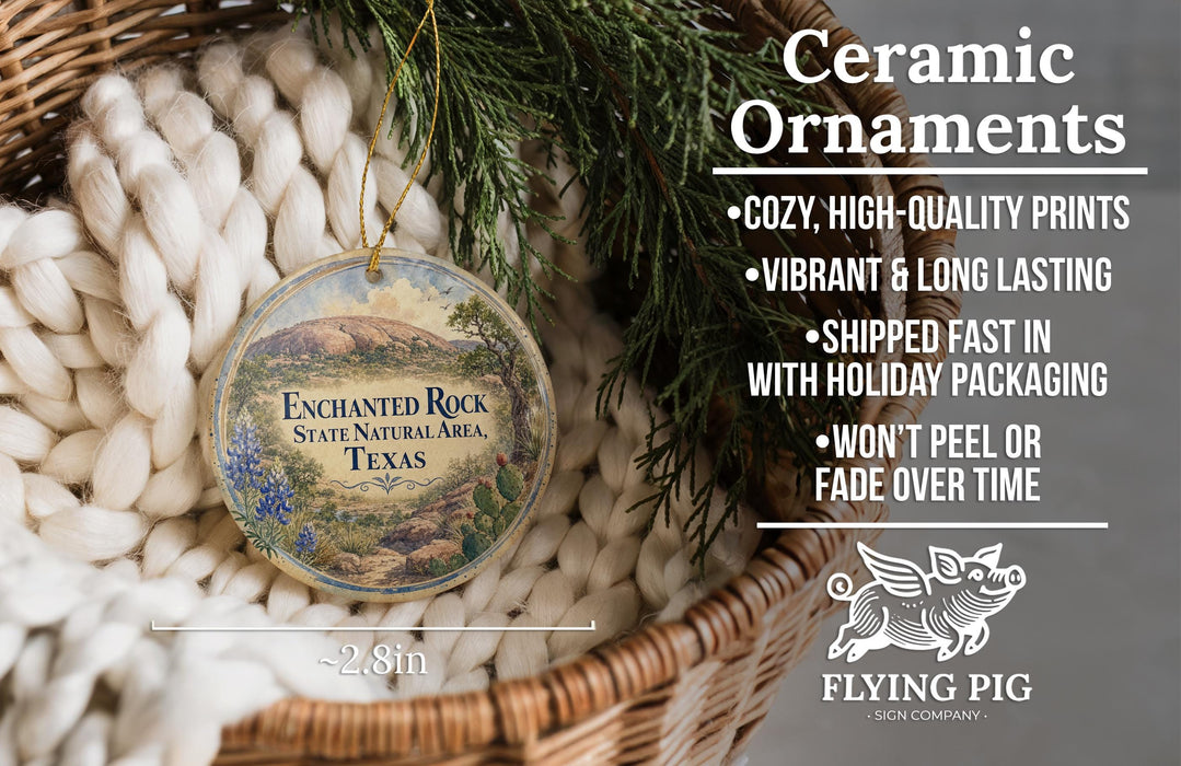 Ceramic ornaments, specifically the Enchanted Rock State Natural Area, Texas, are displayed in a basket. The text highlights the ornaments as "cozy, high-quality prints" and "vibrant & long lasting", with a description of their shipping speed and packaging. The image also includes a logo for "Flying Pig - SIGN COMPANY".
