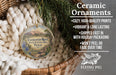 Ceramic ornaments, specifically the Enchanted Rock State Natural Area, Texas, are displayed in a basket. The text highlights the ornaments as "cozy, high-quality prints" and "vibrant & long lasting", with a description of their shipping speed and packaging. The image also includes a logo for "Flying Pig - SIGN COMPANY".