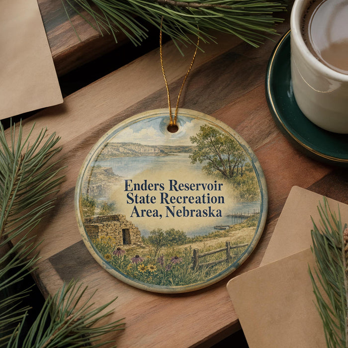 A decorative ornament with a scenic landscape of a lake and mountains, featuring the text "Enders Reservoir State Recreation Area, Nebraska" on it. The ornament is placed on a wooden surface, surrounded by pine branches and a cup of coffee.