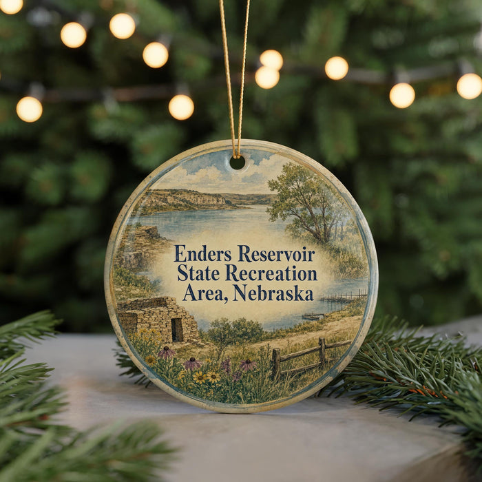 A round ornament with a scenic landscape of a lake, mountains, and a small cabin, surrounded by greenery and twinkling lights.