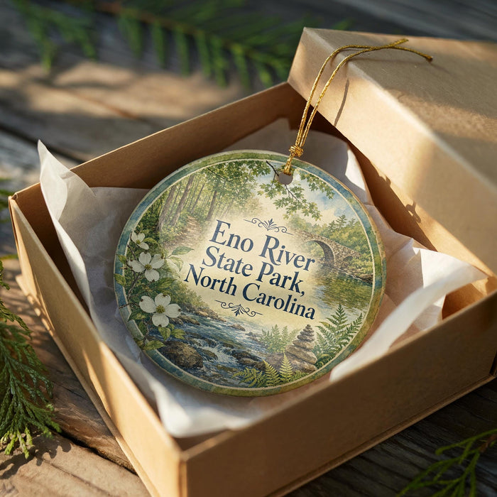 A round ornament in a brown box, featuring a scenic image of Eno River State Park in North Carolina.