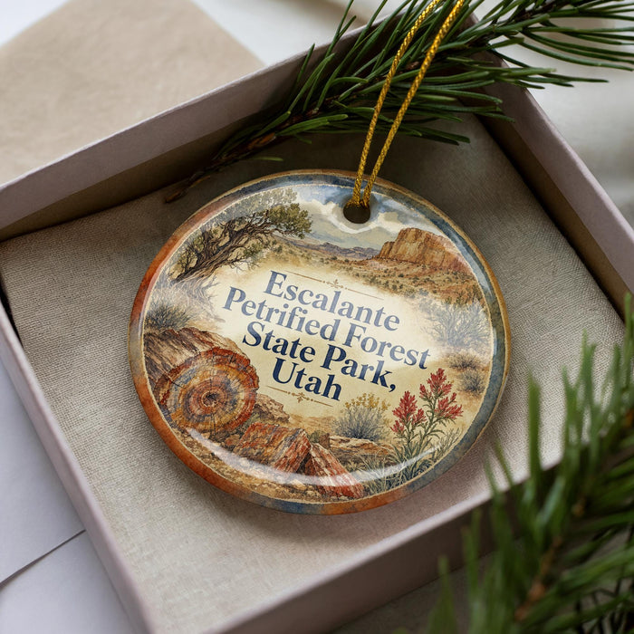 A decorative ornament with a landscape scene featuring a mountain, pine trees, and a desert landscape, placed in a box with pine branches.