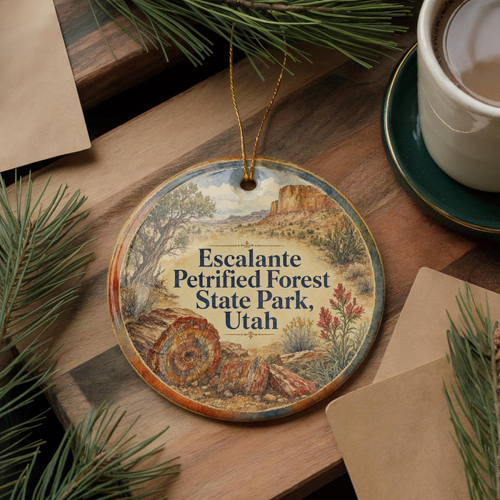 A decorative ornament with a forest scene and text, placed on a wooden surface next to a cup of coffee and pine branches.