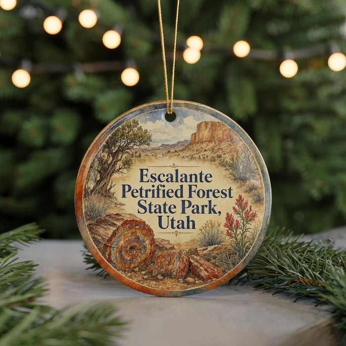 A circular ornament with a desert landscape and a tree, featuring the text "Escalante Petrified Forest State Park, Utah" on it.