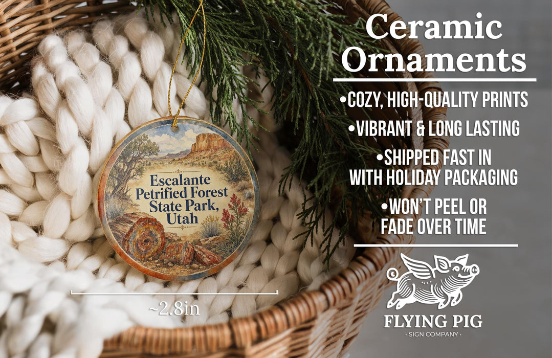 Ceramic ornaments, specifically a ceramic ornament with a desert landscape design, are displayed in a woven basket.