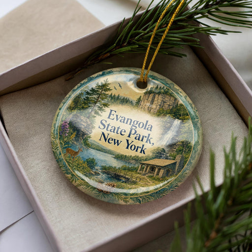 A decorative ornament in a box, featuring a scenic landscape with a waterfall and a cabin, with the text "Evanston State Park, New York" prominently displayed.