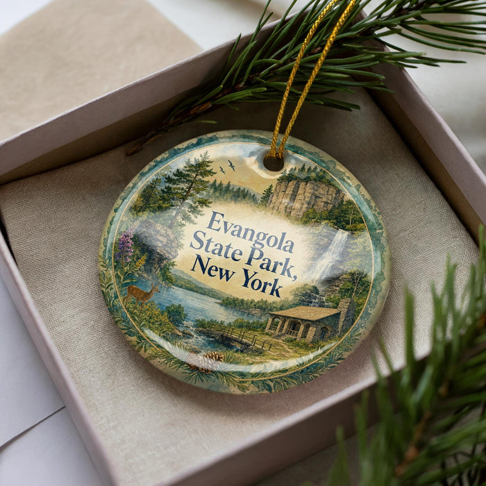 A decorative ornament in a box, featuring a scenic landscape with a waterfall and a cabin, with the text "Evanston State Park, New York" prominently displayed.