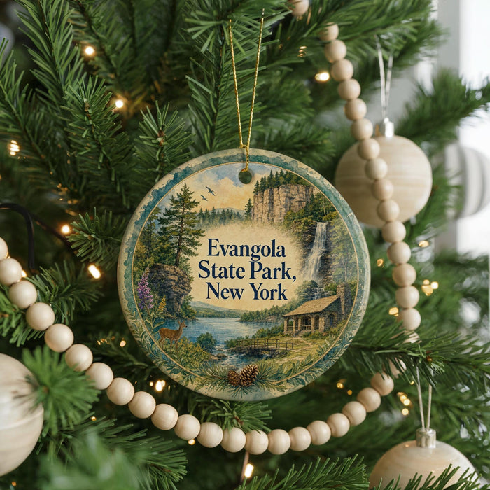 A Christmas tree decorated with ornaments, including a circular ornament with a scenic image of the state park in New York.