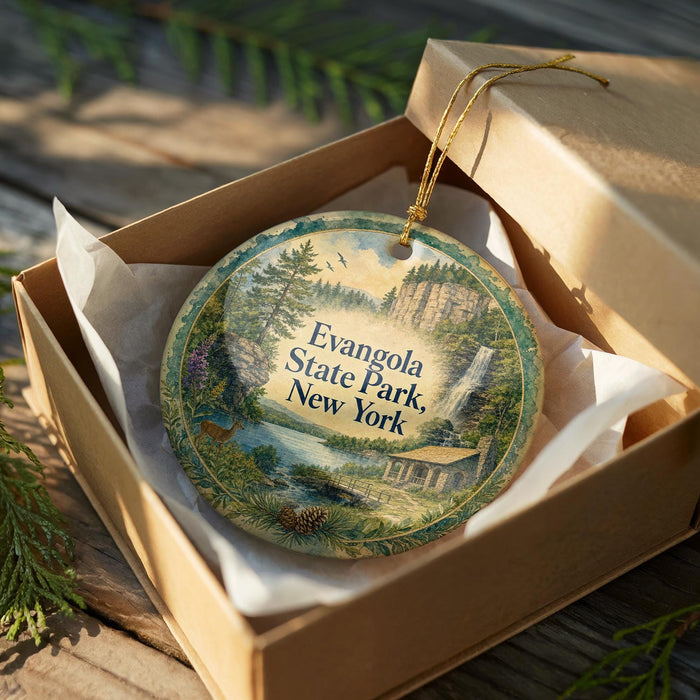 A decorative ornament in a box, featuring a scenic landscape with a waterfall and pine trees, with the text "Evanston State Park, New York" printed on it.