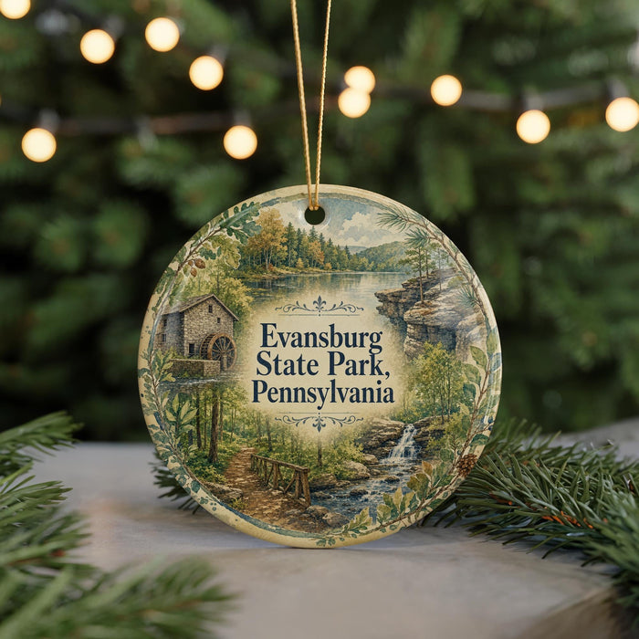 A round ornament with a scenic illustration of Pennsylvania State Park, featuring a house, trees, and a waterfall, is displayed in front of a blurred background with Christmas lights.