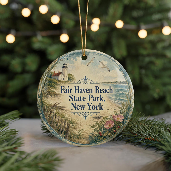 A round ornament with a lighthouse and beach scene, surrounded by greenery and a string of lights.