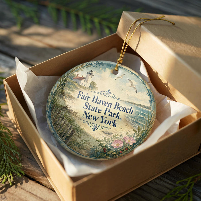 A decorative ornament in a wooden box, featuring a lighthouse and a beach scene, with the text "Fair Haven Beach State Park, New York" on it.
