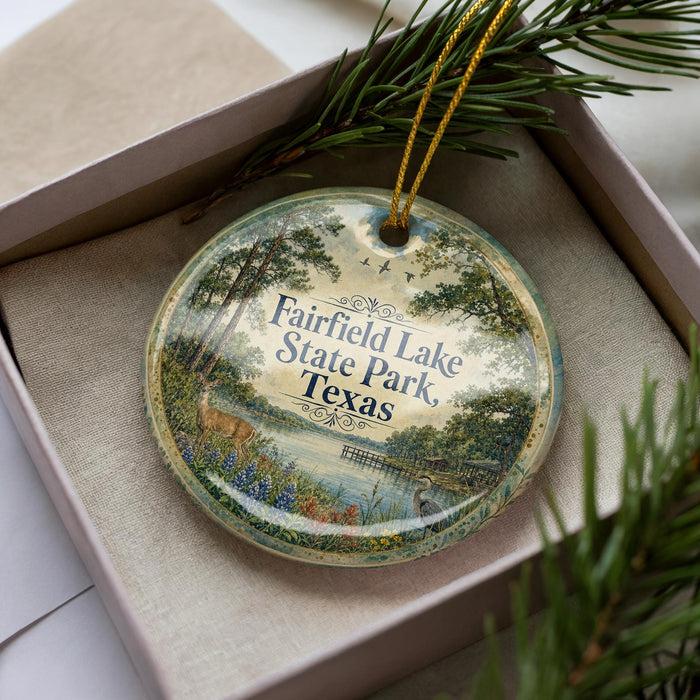 A decorative ornament in a box, featuring a scenic landscape with a lake, trees, and wildlife.