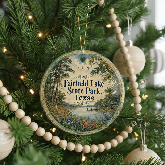 A circular ornament hanging on a Christmas tree, featuring a scenic landscape of Fairfield Lake State Park, Texas.
