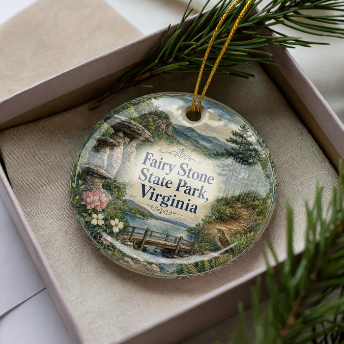 A decorative ornament in a box, featuring a scenic landscape with a bridge, trees, and mountains.