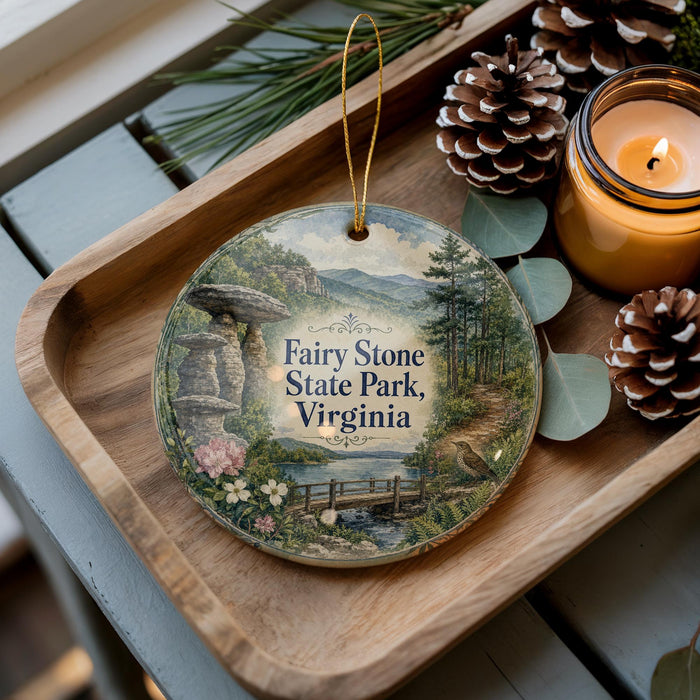 A decorative ornament featuring a scenic landscape with a bridge, pine trees, and mountains, along with the text "Fairy Stone State Park, Virginia".