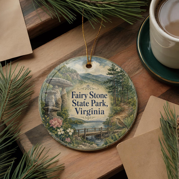 A decorative ornament featuring a scenic landscape with a stone formation, surrounded by pine trees and a winding path, placed on a wooden surface next to a cup of coffee.