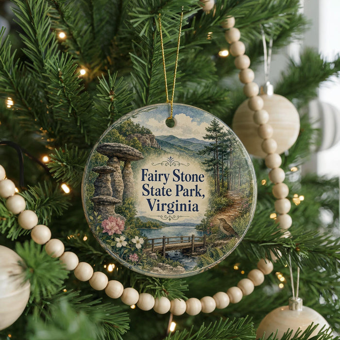 A round ornament hanging on a Christmas tree, featuring a scenic landscape with a bridge and mountains in the background.